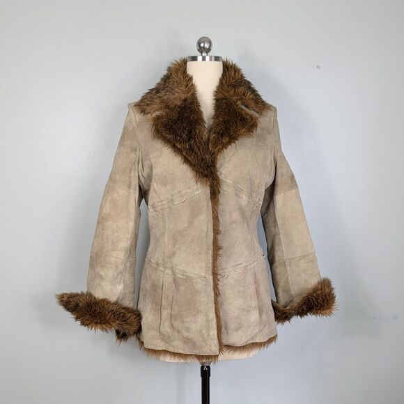 Vintage Penny Lane Suede Jacket M Tan Brown Y2K Leather Coat Boho Faux Fur 90s - Picture 1 of 13